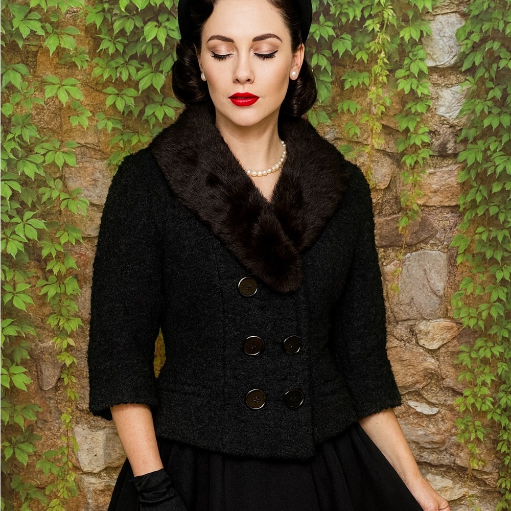 VINTAGE STYLED BY WINTER Classic Curly Lamb and Mink Jacket with 3/4 Sleeves, M